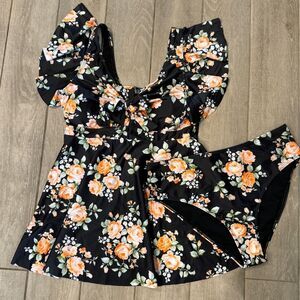 Temu Black Floral Tie Front Skirted Bikini NWOT 2XL